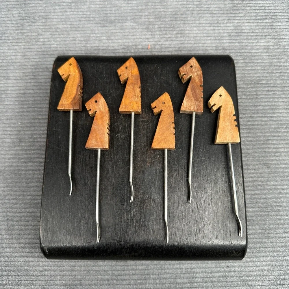 Vintage Wooden Horse Head Cocktail Picks Set of 6 Mid‎ Century Barware Appetizer